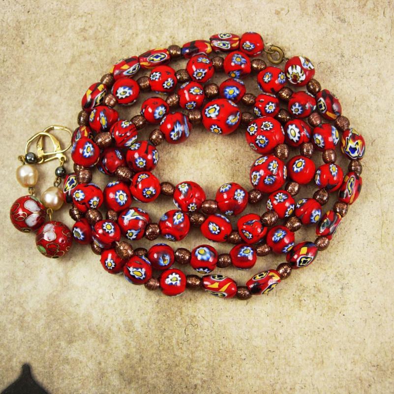 Vintage millefiori necklace earrings RED with goldstone pearls