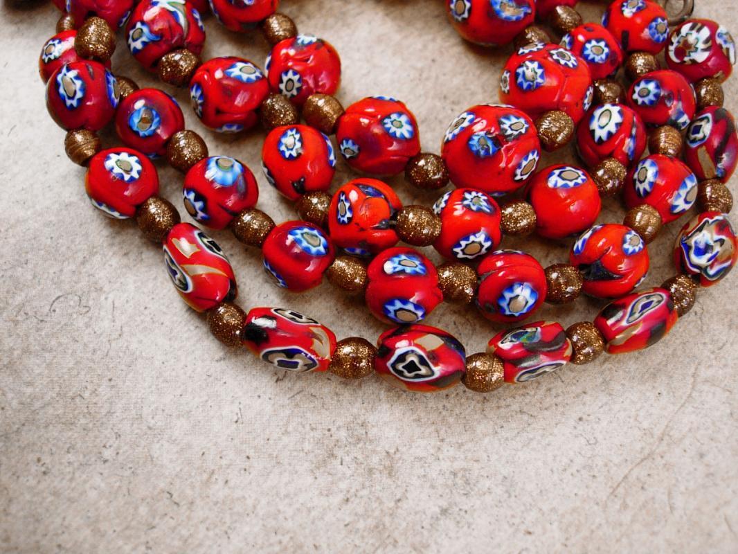 Vintage millefiori necklace earrings RED with goldstone pearls