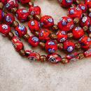 Vintage millefiori necklace earrings RED with goldstone pearls