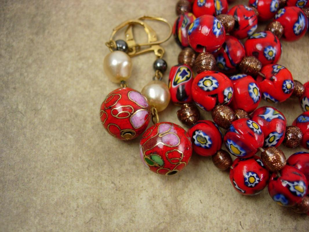 Vintage millefiori necklace earrings RED with goldstone pearls