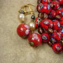 Vintage millefiori necklace earrings RED with goldstone pearls