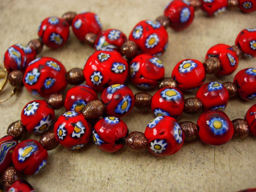 Vintage millefiori necklace earrings RED with goldstone pearls