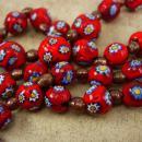 Vintage millefiori necklace earrings RED with goldstone pearls