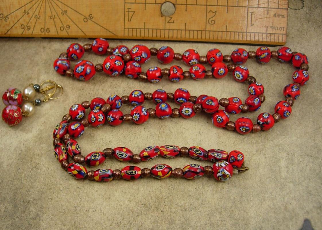 Vintage millefiori necklace earrings RED with goldstone pearls