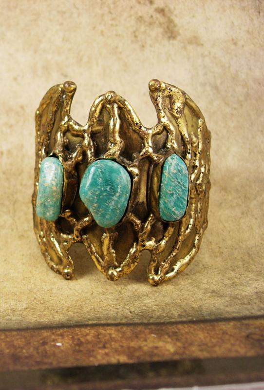 Vintage Bat Bracelet HUGE turquoise winged cuff modernist