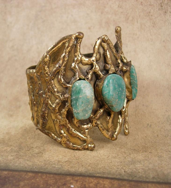 Vintage Bat Bracelet HUGE turquoise winged cuff modernist