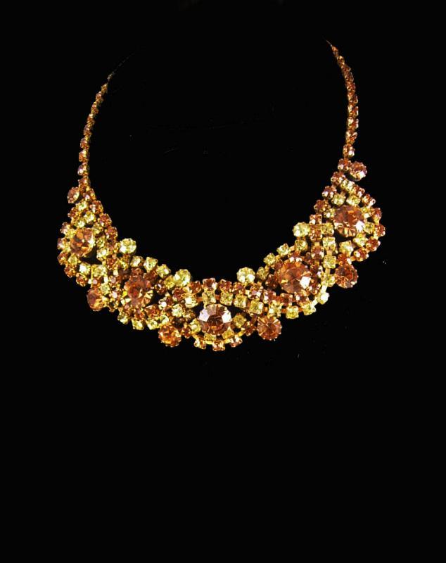 Vintage Rhinestone bib necklace layers of yellow glass
