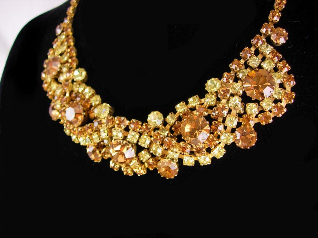 Vintage Rhinestone bib necklace layers of yellow glass