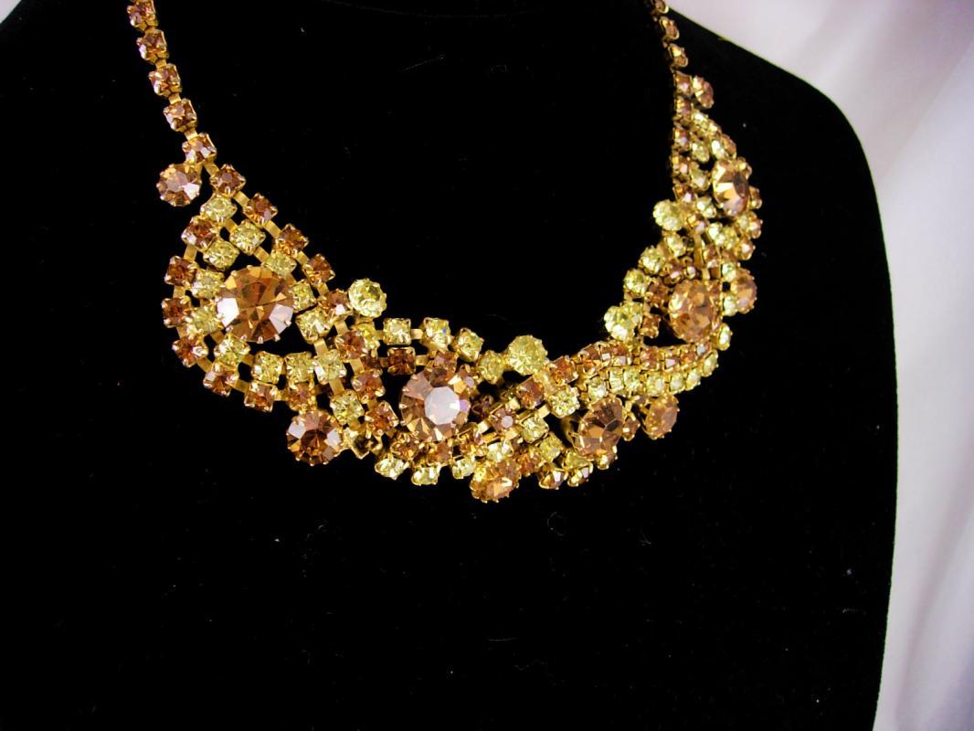 Vintage Rhinestone bib necklace layers of yellow glass