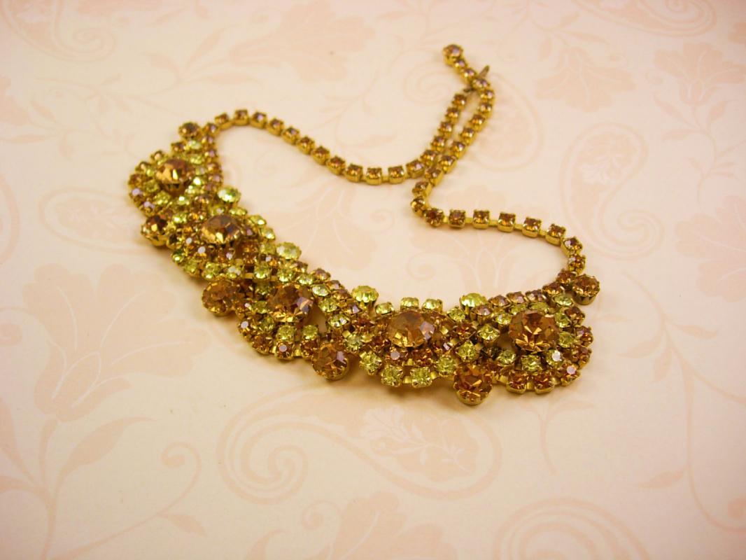 Vintage Rhinestone bib necklace layers of yellow glass