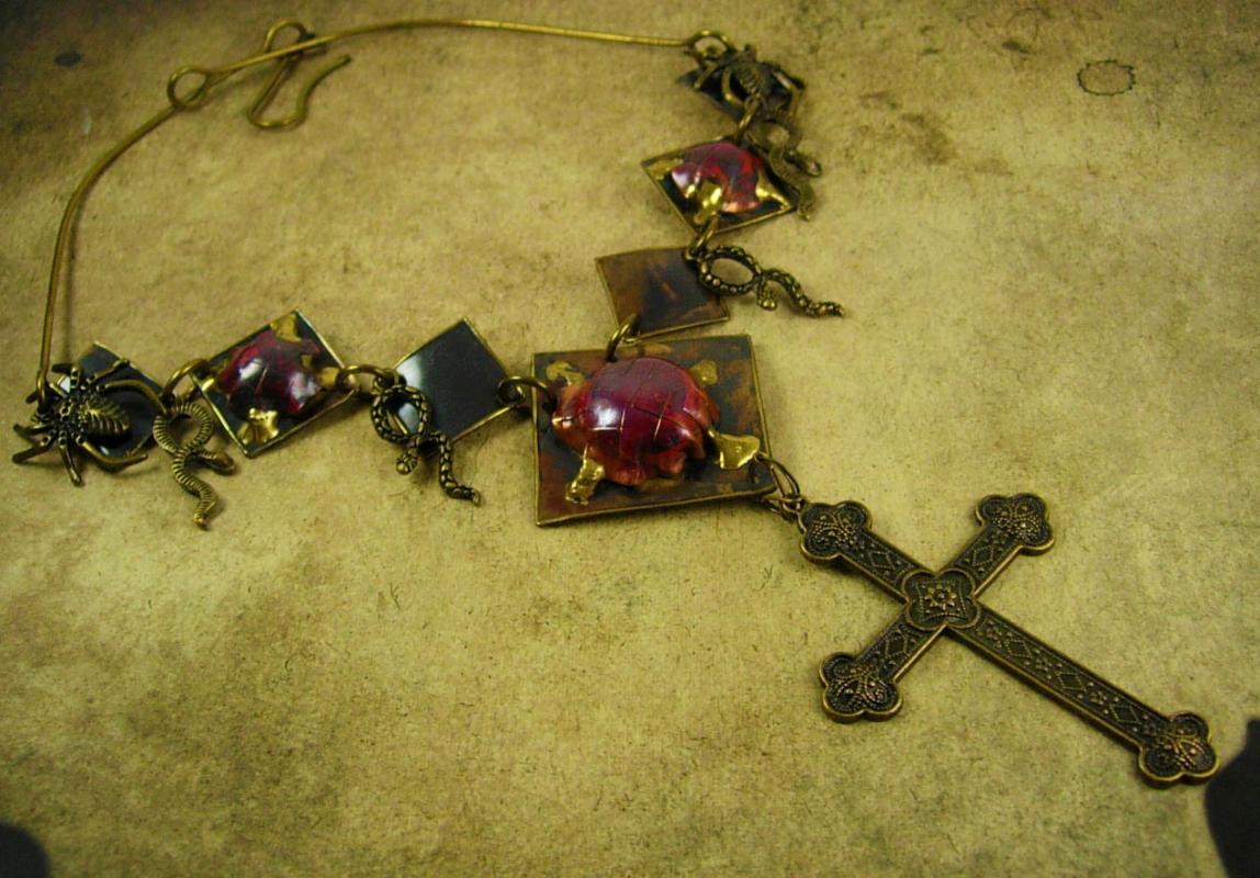 Bizarre Spider Snake Necklace Gothic Cross Hand enameled