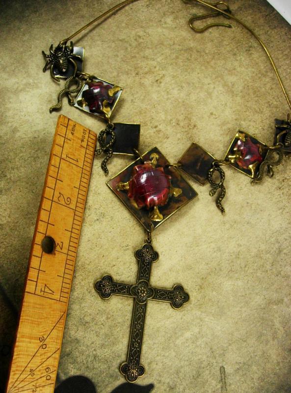 Bizarre Spider Snake Necklace Gothic Cross Hand enameled