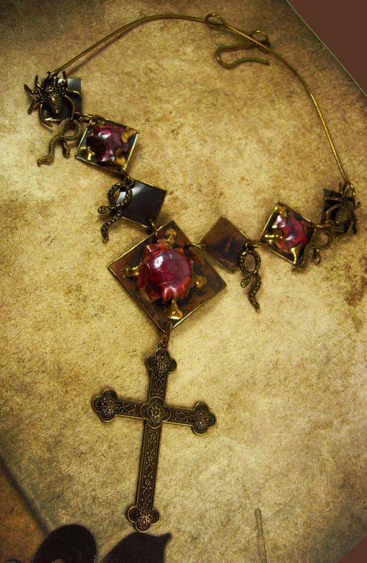 Bizarre Spider Snake Necklace Gothic Cross Hand enameled