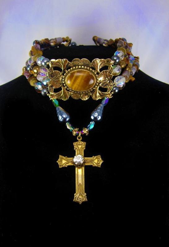 Gothic Goddess Rosary Necklace Talisman Semiprecious lovelies genuine pearls paste cross