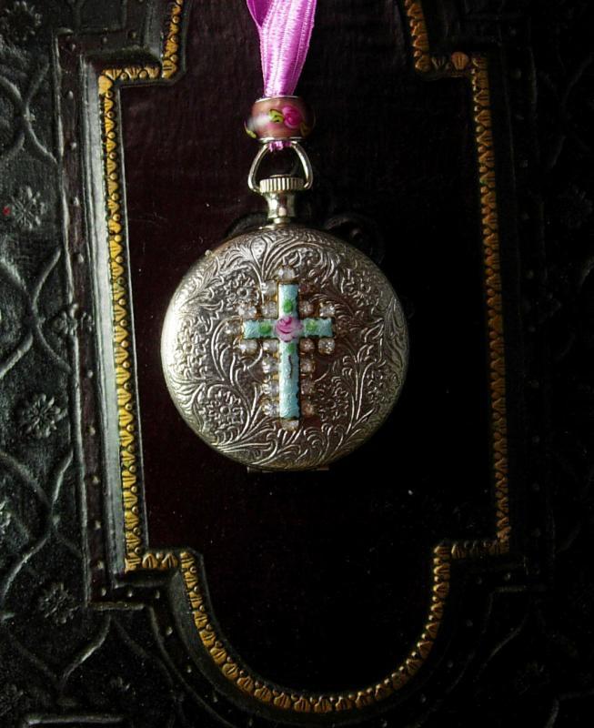 Marie Antoinette pocketwatch locket necklace Guilloche enamel rosary cross