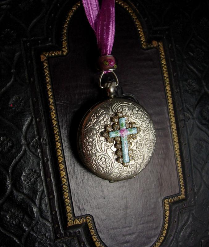 Marie Antoinette pocketwatch locket necklace Guilloche enamel rosary cross