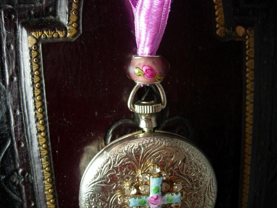 Marie Antoinette pocketwatch locket necklace Guilloche enamel rosary cross