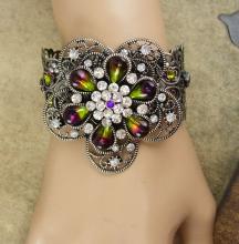 WIDE Rhinestone Gypsy Cuff BRacelet Givre purple olivine teardrops of a goddess