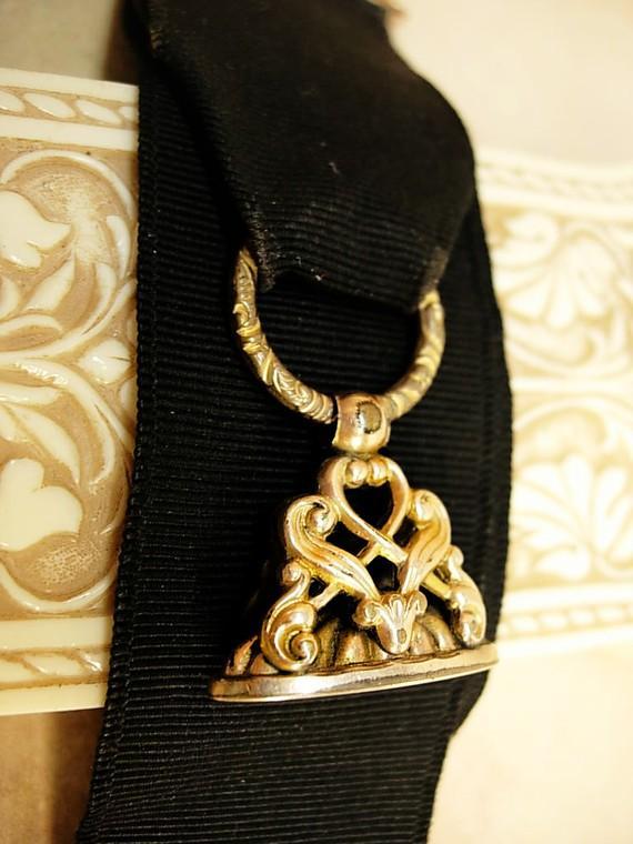 Antique Victorian Watch fob chain gold filled mourning ribbon