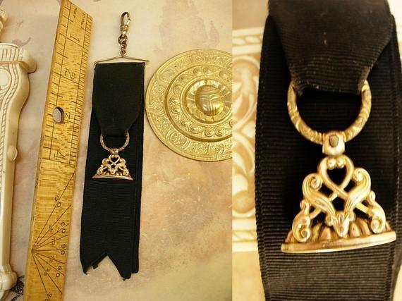 Antique Victorian Watch fob chain gold filled mourning ribbon