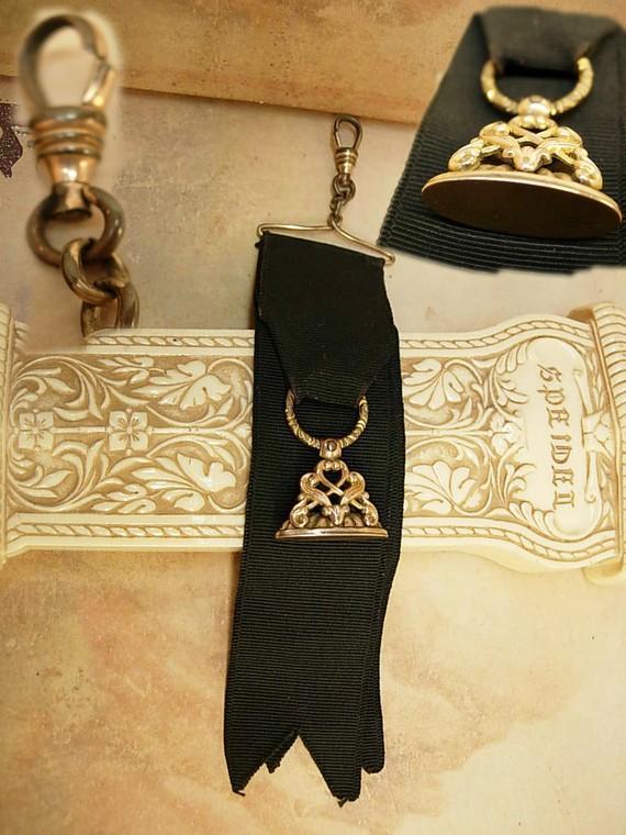 Antique Victorian Watch fob chain gold filled mourning ribbon