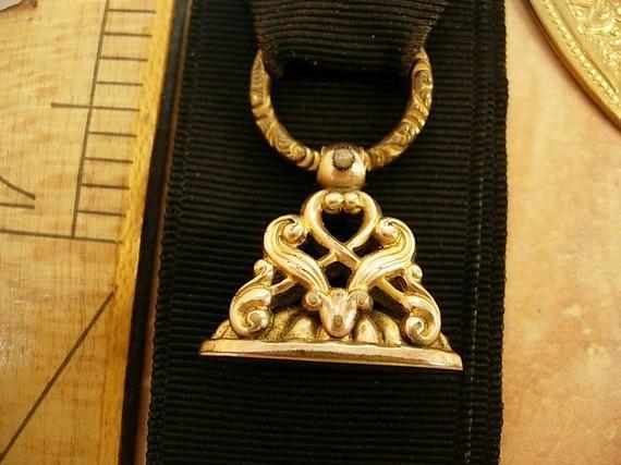 Antique Victorian Watch fob chain gold filled mourning ribbon