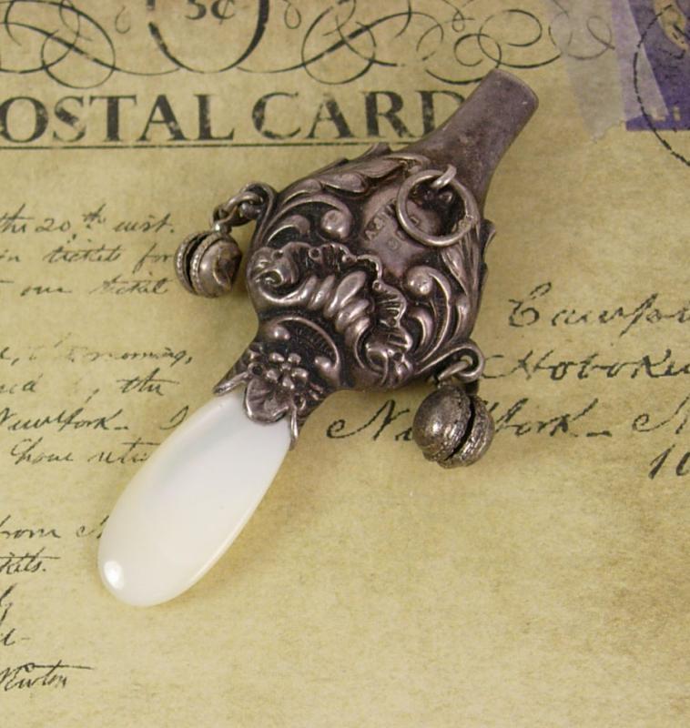 ANtique Sterling Baby Rattle 1901 whistle chatelaine teether English hallmarks