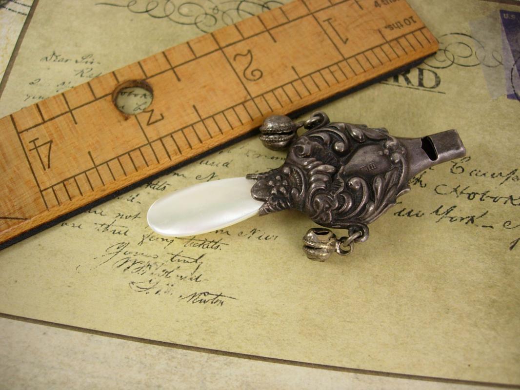 ANtique Sterling Baby Rattle 1901 whistle chatelaine teether English hallmarks