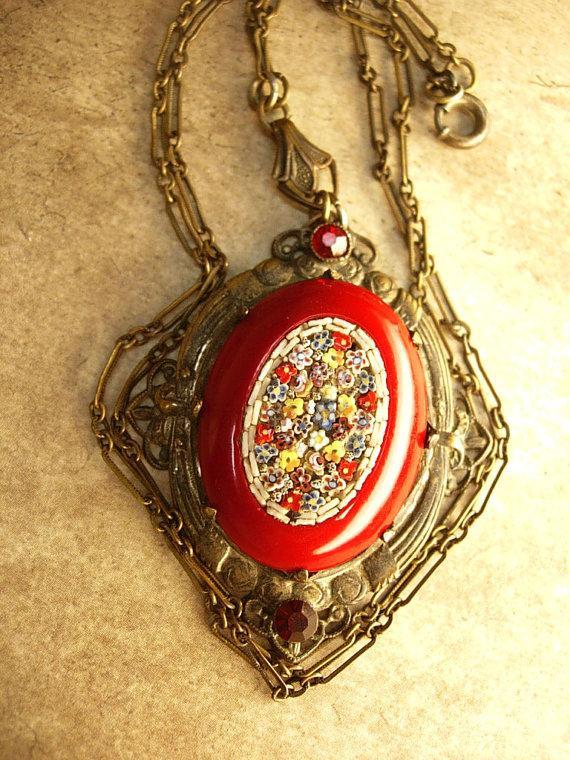 ANtique RED micromosaic Necklace original chain and bale millefiori flowers