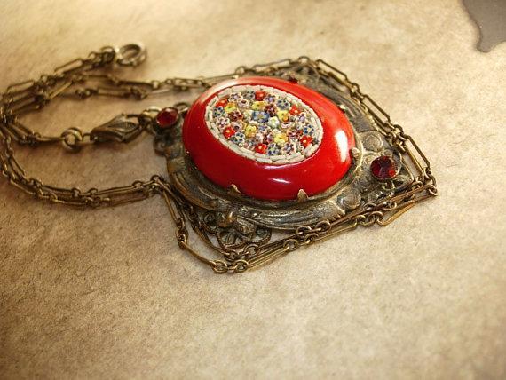 ANtique RED micromosaic Necklace original chain and bale millefiori flowers