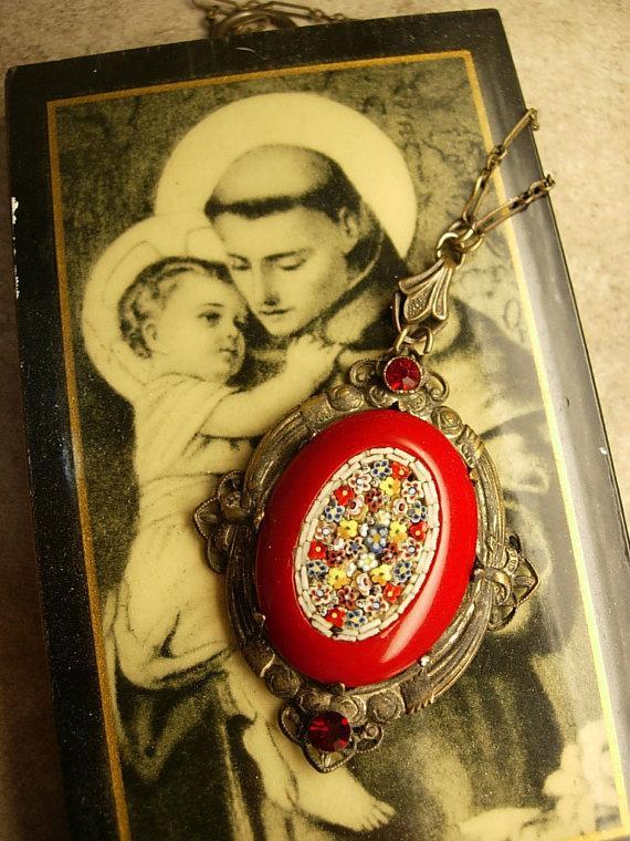 ANtique RED micromosaic Necklace original chain and bale millefiori flowers