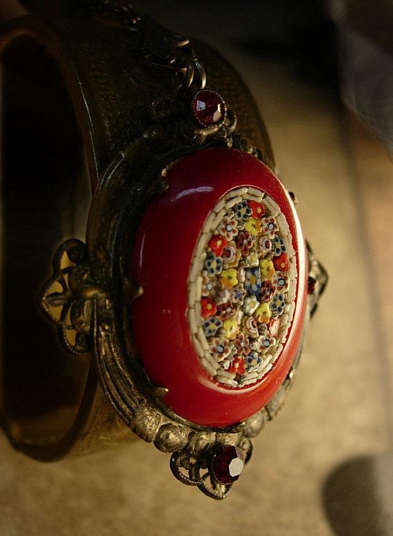 ANtique RED micromosaic Necklace original chain and bale millefiori flowers