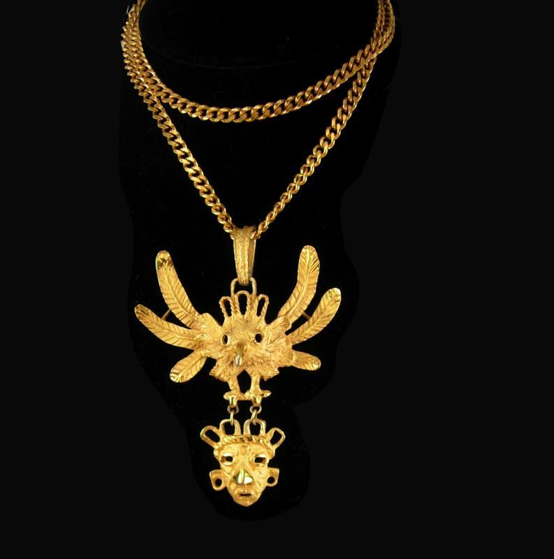 Vintage Bizarre Mask Necklace Talisman Cacaxtla Quetzalcoatl Mayan