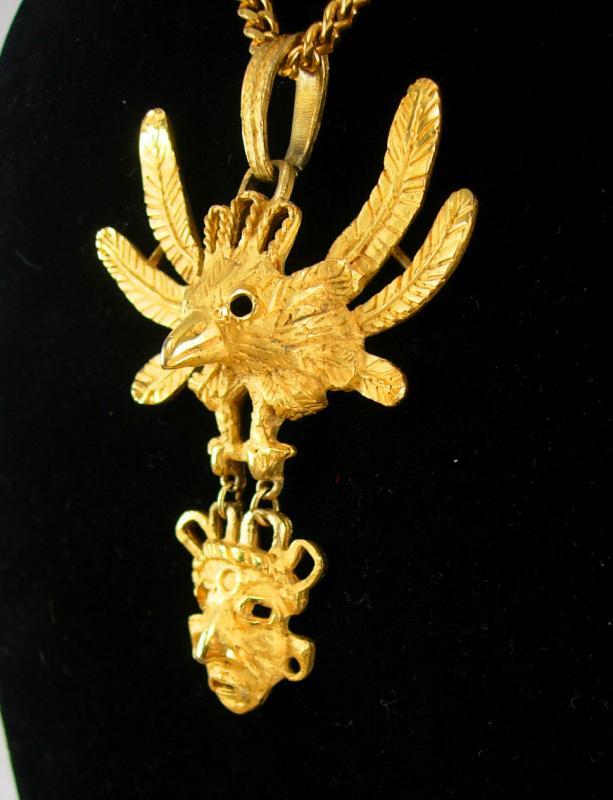 Vintage Bizarre Mask Necklace Talisman Cacaxtla Quetzalcoatl Mayan