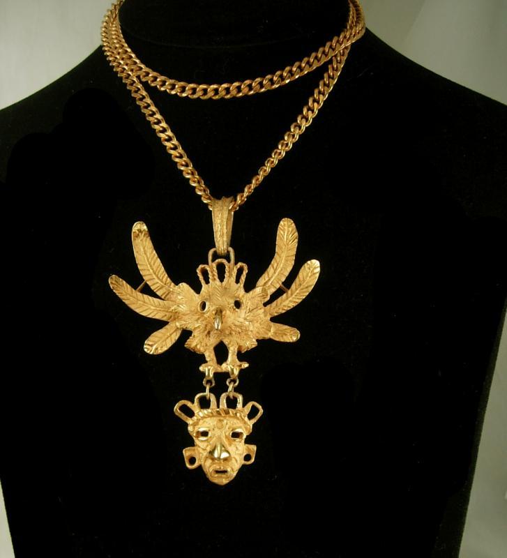 Vintage Bizarre Mask Necklace Talisman Cacaxtla Quetzalcoatl Mayan