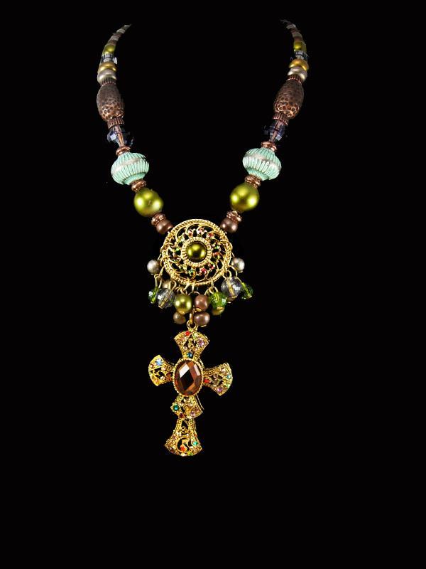 Gypsy Rosary bohemian necklace chunky tribal and rhinestone sparkles
