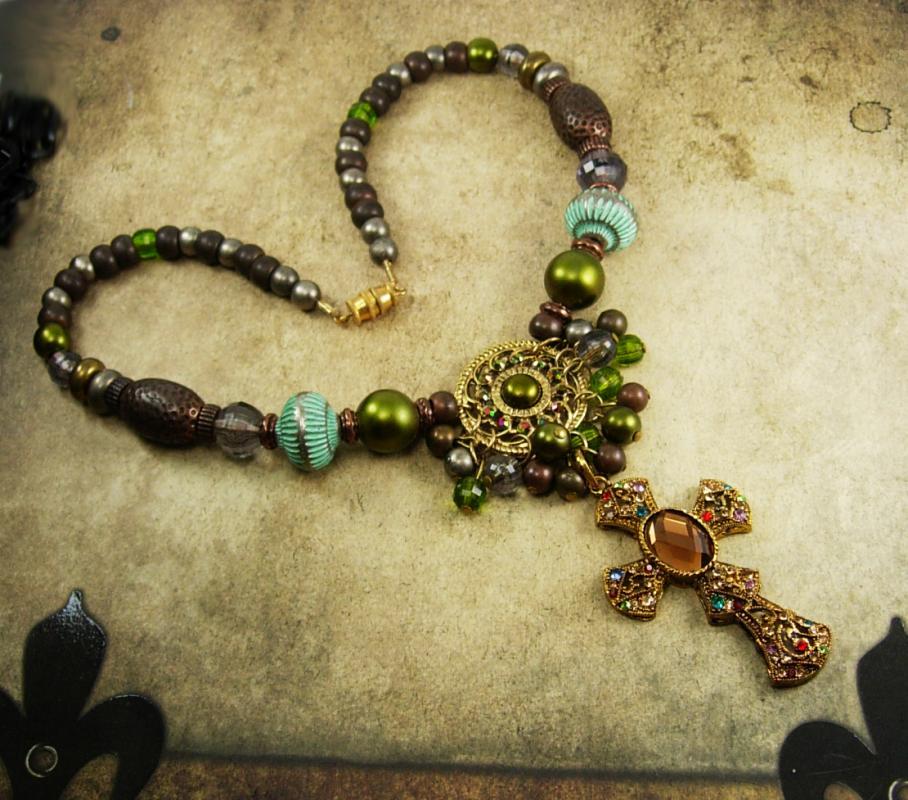 Gypsy Rosary bohemian necklace chunky tribal and rhinestone sparkles