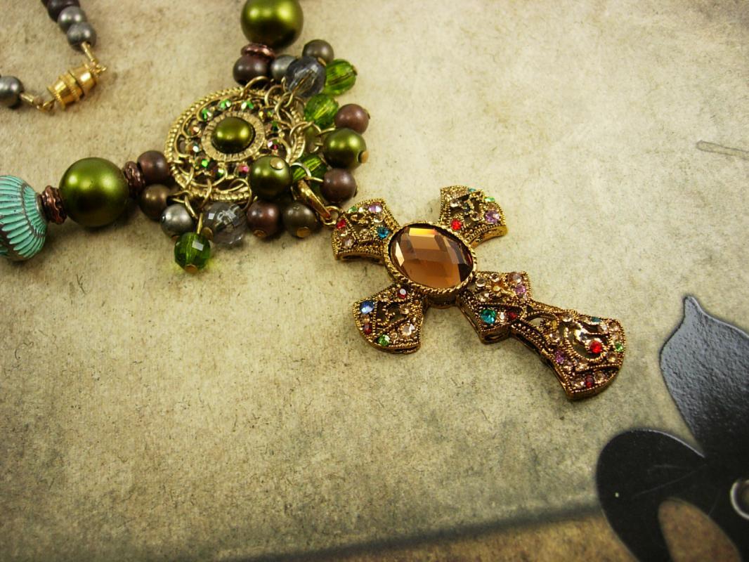 Gypsy Rosary bohemian necklace chunky tribal and rhinestone sparkles