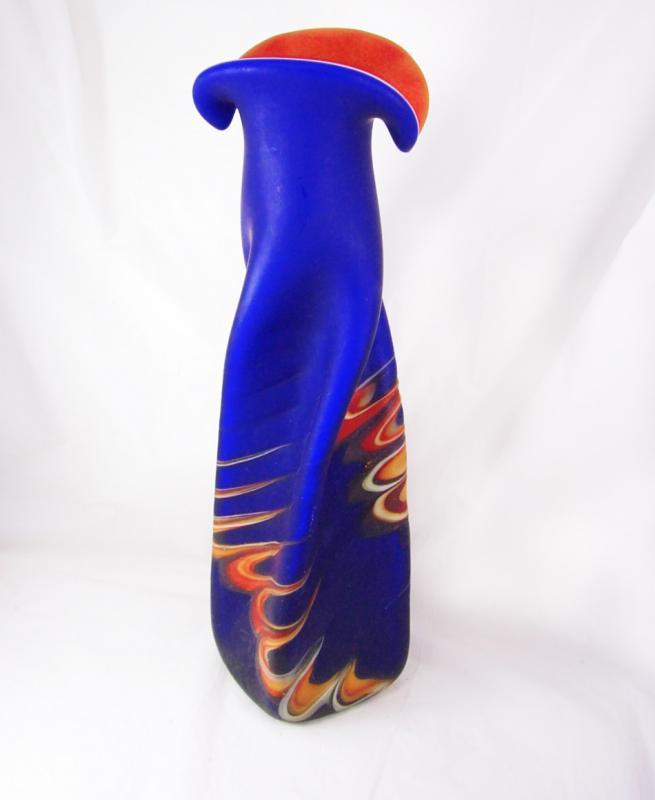 Gorgeous Russian Vase Azerbaijan Cobalt Blue Flames Fluted Glass
