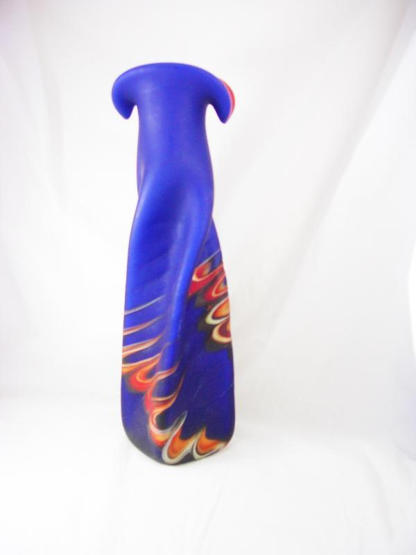 Gorgeous Russian Vase Azerbaijan Cobalt Blue Flames Fluted Glass