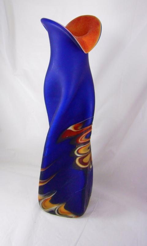 Gorgeous Russian Vase Azerbaijan Cobalt Blue Flames Fluted Glass