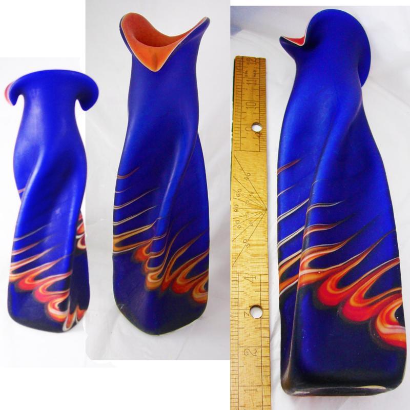 Gorgeous Russian Vase Azerbaijan Cobalt Blue Flames Fluted Glass