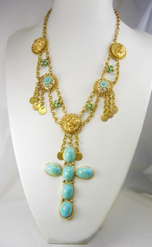 Gothic Lion Turquoise chandelier necklace Huge Cross Medieval tassels