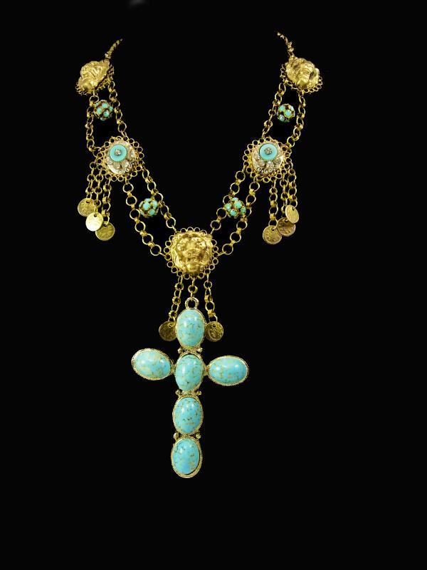 Gothic Lion Turquoise chandelier necklace Huge Cross Medieval tassels