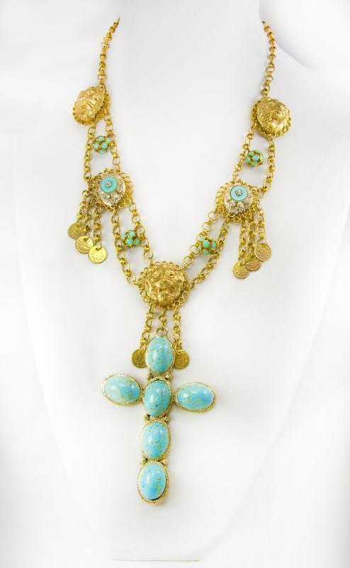 Gothic Lion Turquoise chandelier necklace Huge Cross Medieval tassels