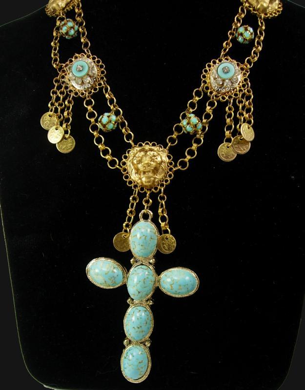 Gothic Lion Turquoise chandelier necklace Huge Cross Medieval tassels