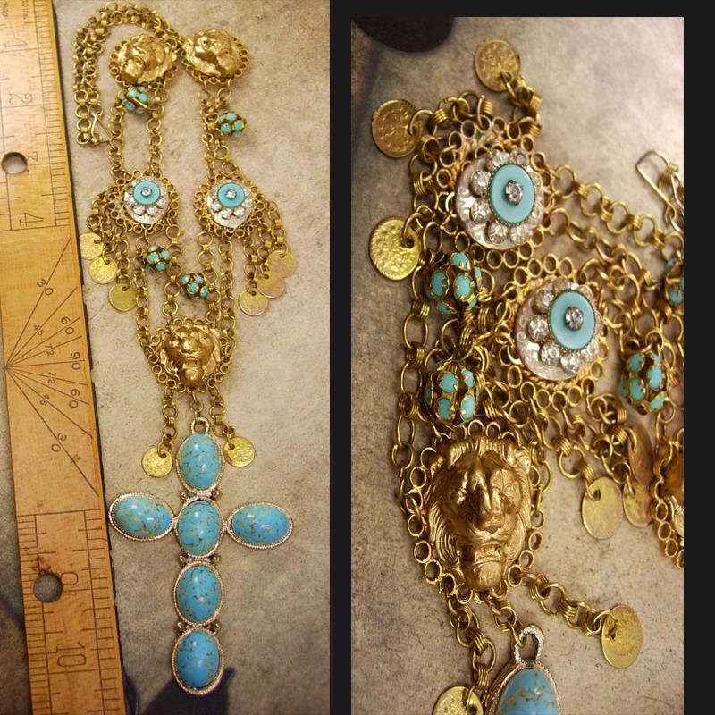 Gothic Lion Turquoise chandelier necklace Huge Cross Medieval tassels