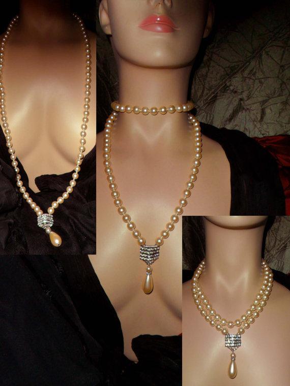 VIntage wedding Pearl flapper necklace with rhinestone and huge pearl drop
