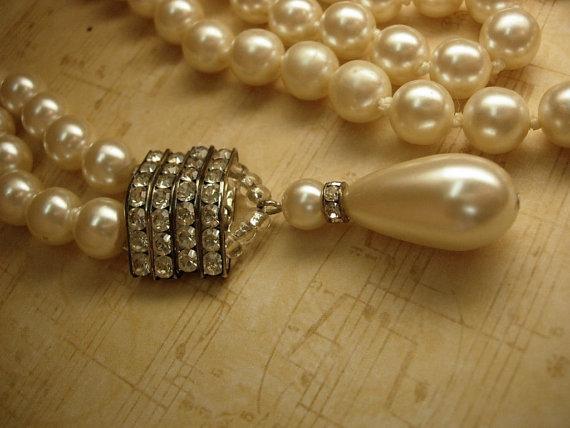 VIntage wedding Pearl flapper necklace with rhinestone and huge pearl drop