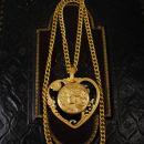 Large Nouveau figural Heart Necklace black enamel heavy chain